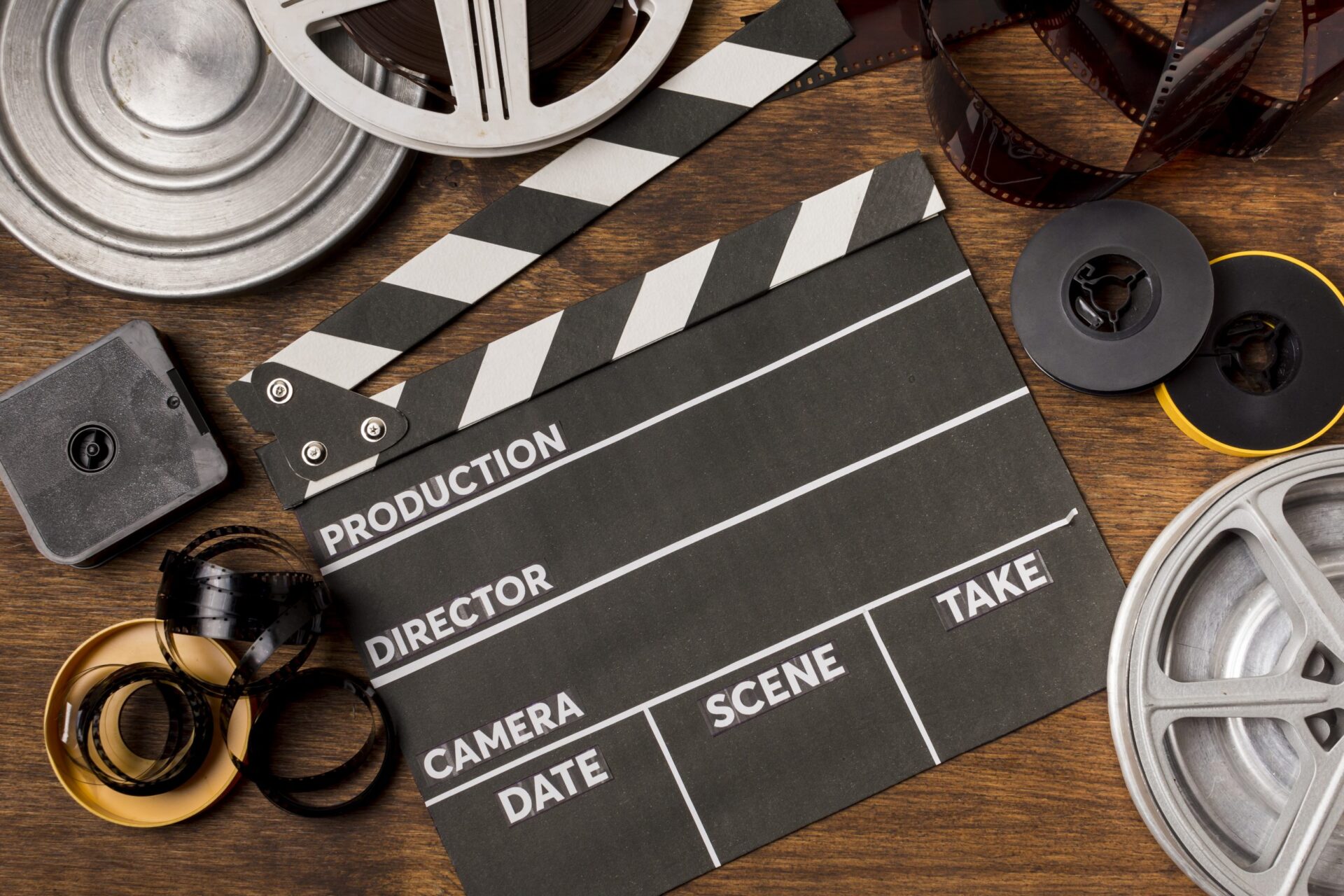 elevated-view-clapperboard-film-reels-film-strips-wooden-backdrop